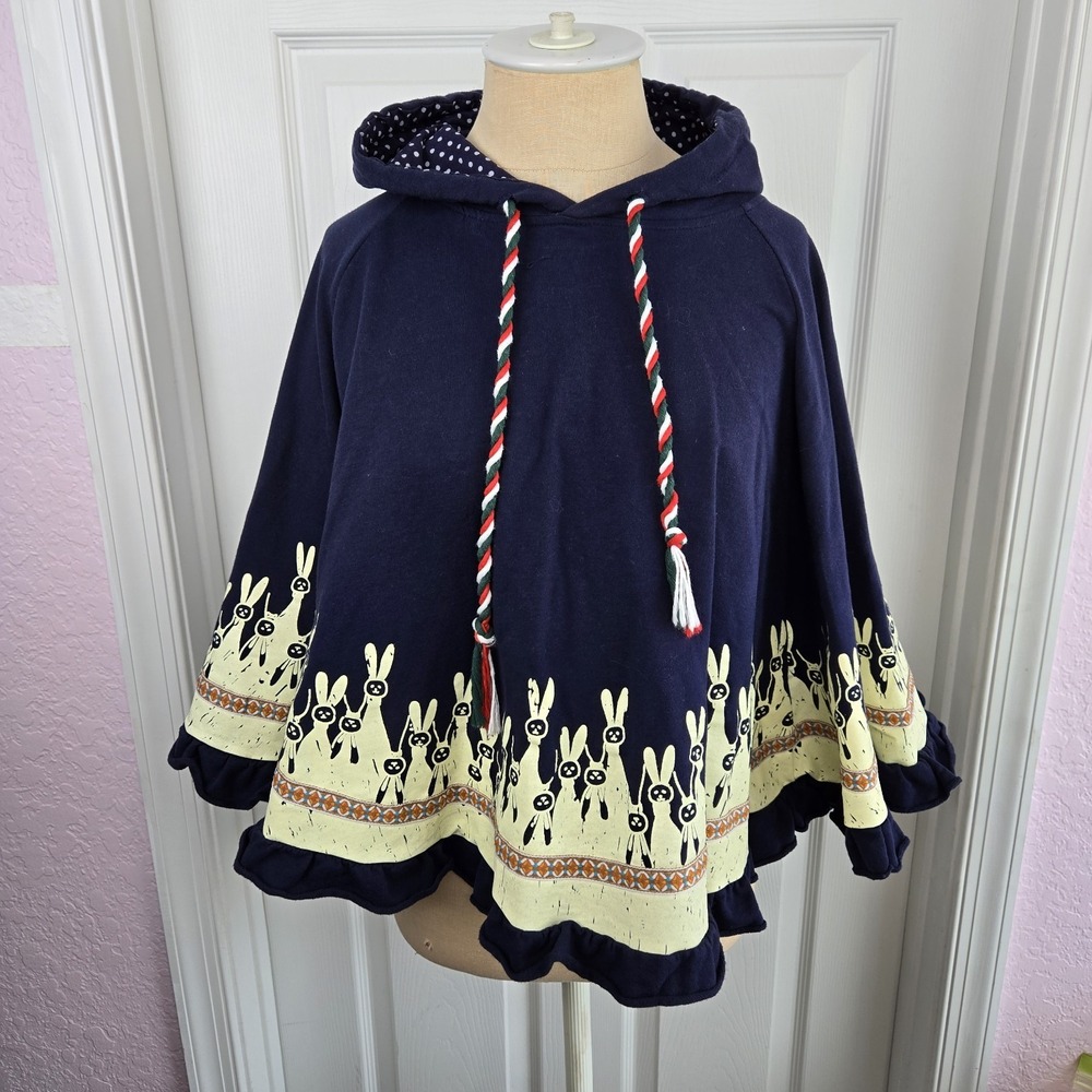 Yue Ran Cat Blossoming Hooded Poncho Cape Easter Bunny Rabbit BOHO Size S Cotton